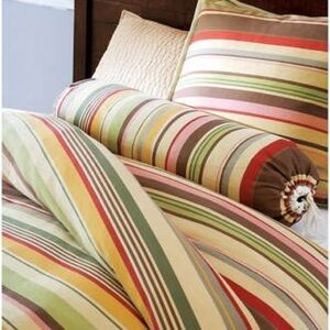 Pottery Barn King Striped Duvet Cover  in Green, Red, Cream and Brown Tones